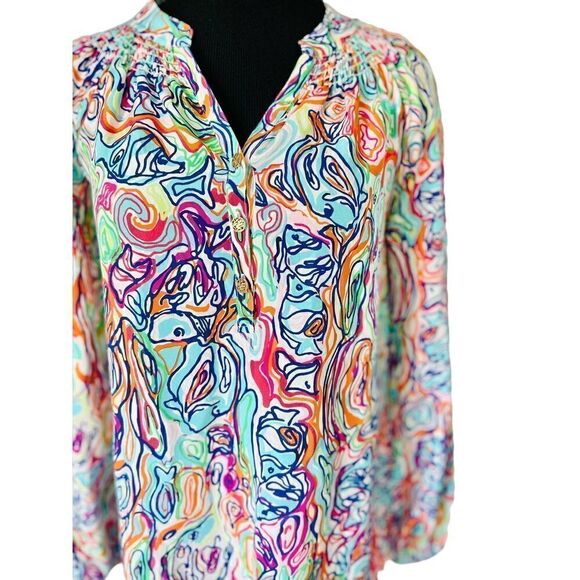 Lilly Pulitzer Women's XS Elsa Silk Smocked Top in What A Catfish Multi - Picture 8 of 12